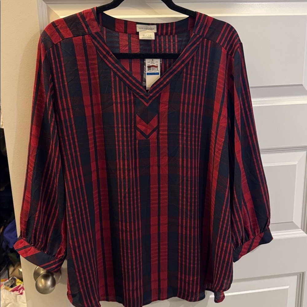 Van Heusen Red and Navy Plaid Top